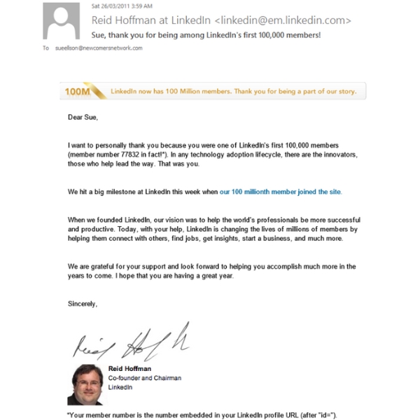 Email from Reid Hoffmann at LinkedIn First 100 Million Members on LinkedIn