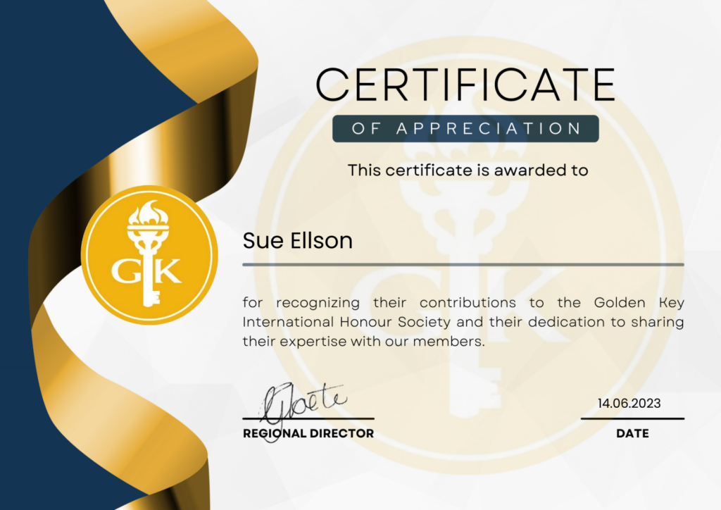 Golden Key International Honour Society Presenter Certificate of Appreciation Digital Badge for Sue Ellson
