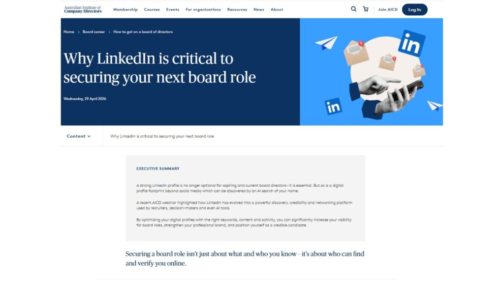Australian Institute of Company Directors AICD Why LinkedIn is critical to securing your next board role quoting Sue Ellson